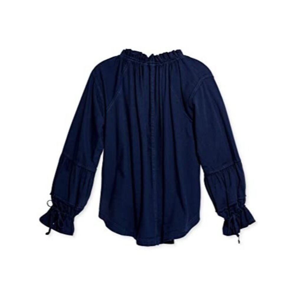 Free People NWT Women's Blue Long Sleeve Tie Neck Blouse Shirt Top Size XS